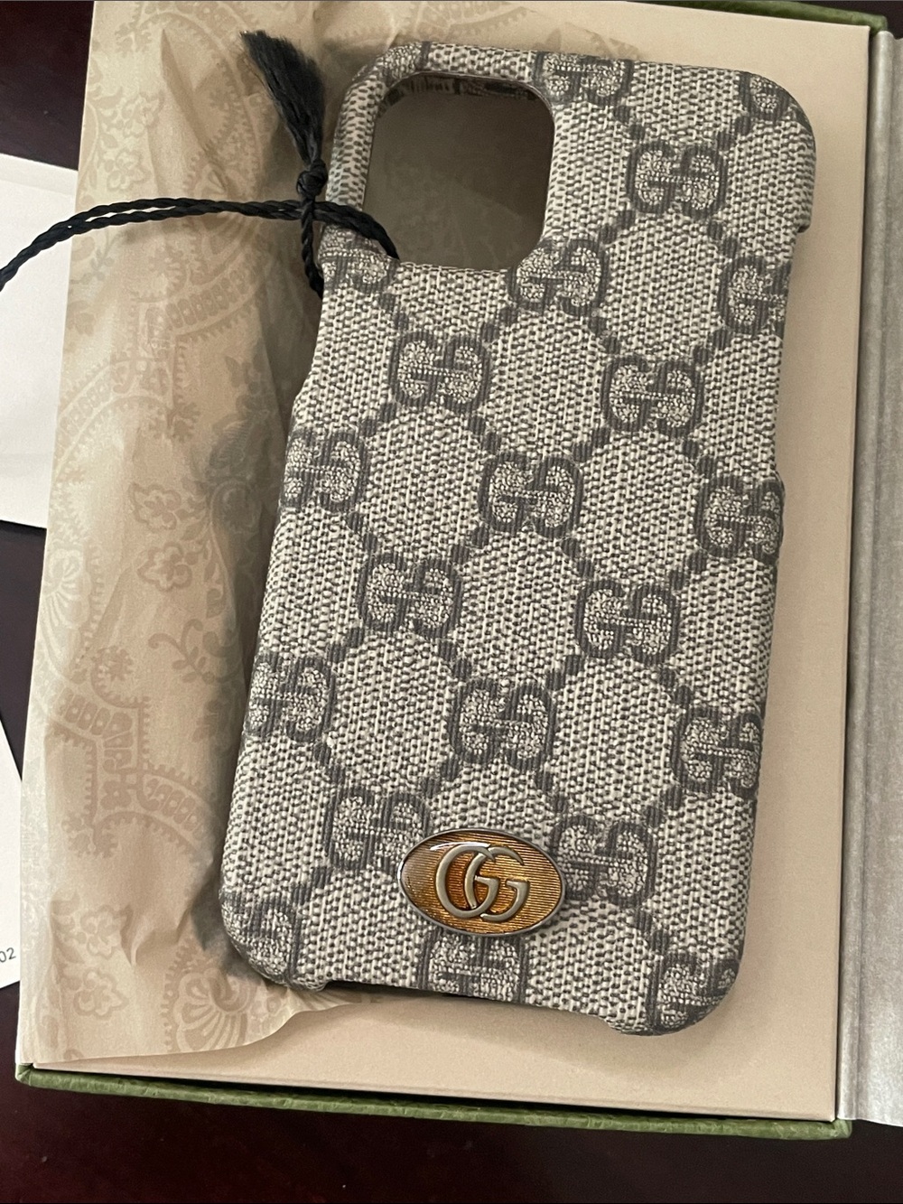 Gucci Beige GG Supreme Canvas iPhone 12 mini Case with Brown Double G Logo